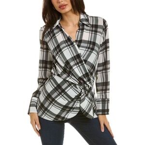 Laundry Women's Black/White Plaid Crossover Twist Long Sleeve Blouse size Medium